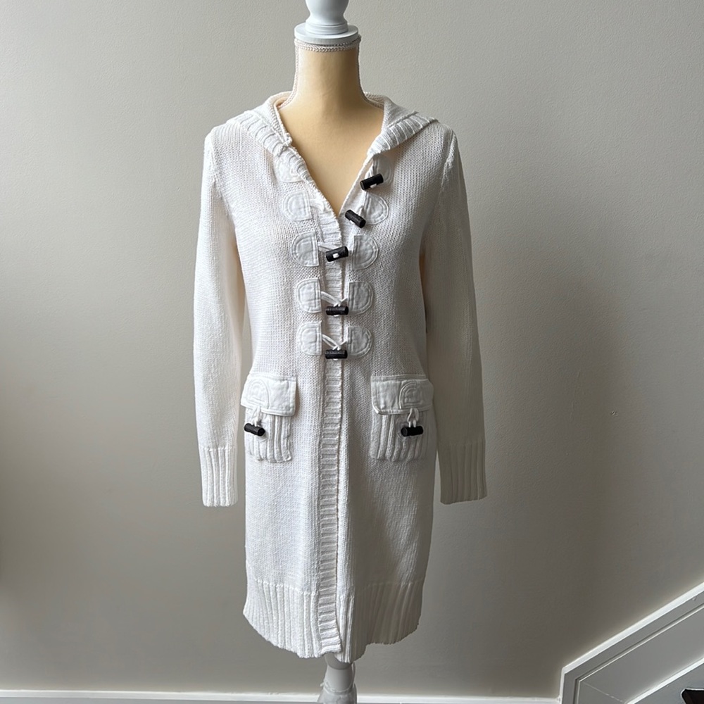 NWT PBJ Blues White Hand Knit Cardigan with Hood, Toggle Buttons, Size Medium